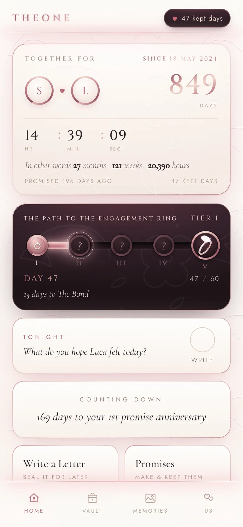The Vault home screen: together for 849 days, day 47 on the path, tonight's question